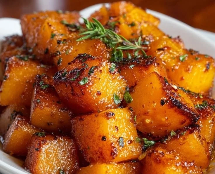 Bowl of roasted butternut squash garnished with herbs