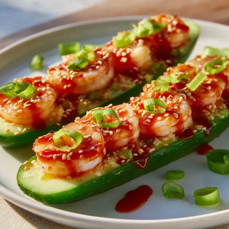 Sriracha shrimp cucumber boats served on a plate, garnished with herbs.