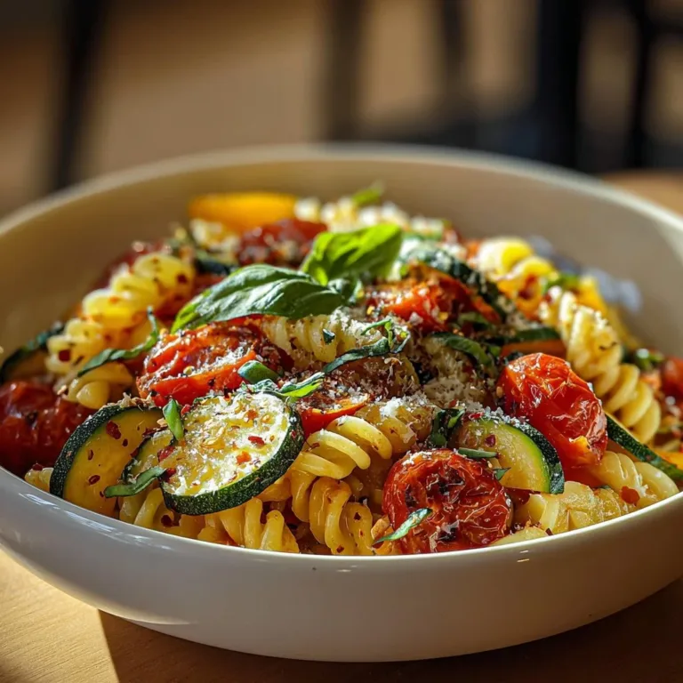 Delicious bowl of Tomato Zucchini Pasta topped with fresh basil.