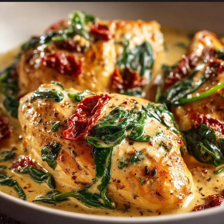 Plate of Tuscan Chicken in Cream Sauce garnished with herbs