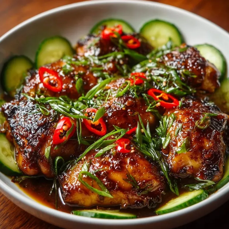 Plate of Vietnamese lemongrass chicken garnished with herbs