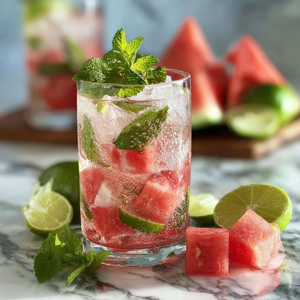 Watermelon Lime Mint Mocktails 6 Watermelon Lime Mint Mocktails in a glass with garnishes of mint and lime