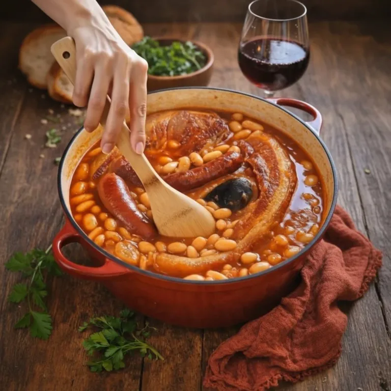 A steaming bowl of Asturian Bean Stew garnished with herbs.