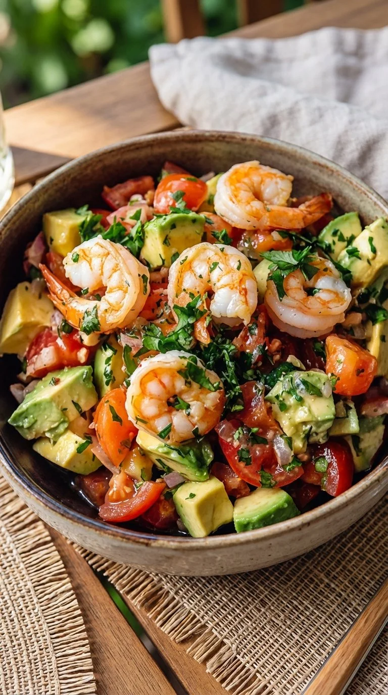 Avocado Salsa Shrimp Salad garnished with fresh herbs and colorful veggies