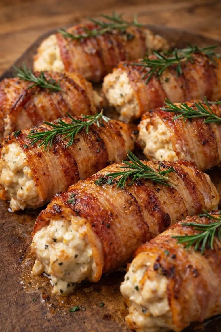 Bacon wrapped chicken breast stuffed with cream cheese, garnished and ready to serve