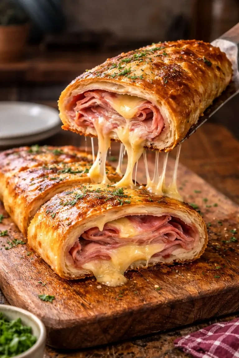 Homemade baked stromboli filled with cheese and pepperoni on a wooden board