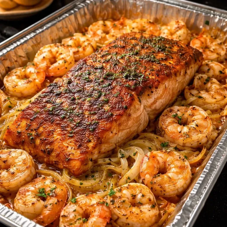 Cajun Salmon and Shrimp Bake topped with spices and herbs for a flavorful meal.