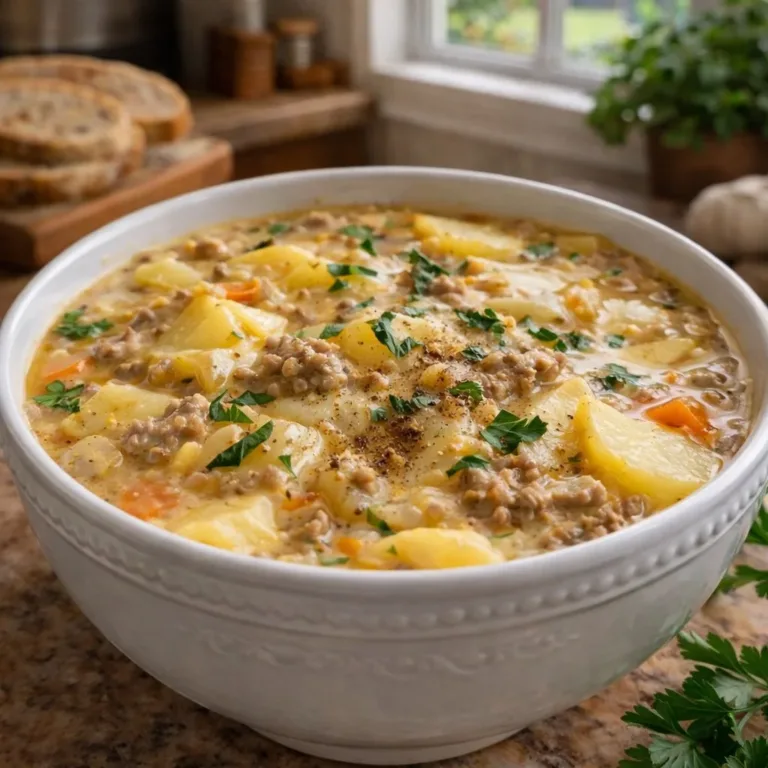 Bowl of Cheesy Hamburger Potato Soup garnished with herbs