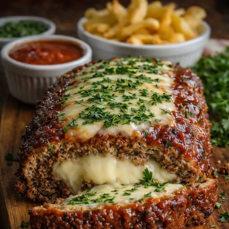 Cheesy Italian meatloaf with marinara glaze served on a plate