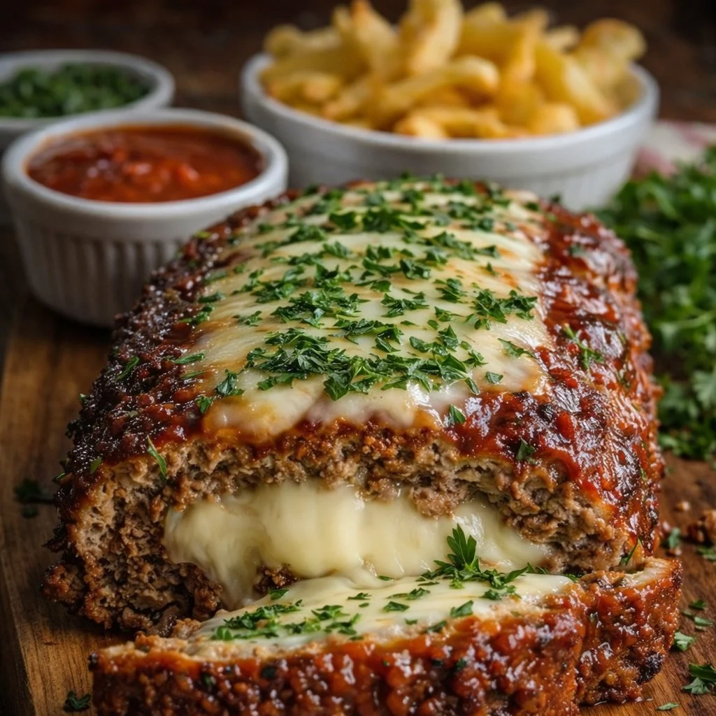 Cheesy Italian Meatloaf with Marinara Glaze 6 Cheesy Italian meatloaf with marinara glaze served on a plate