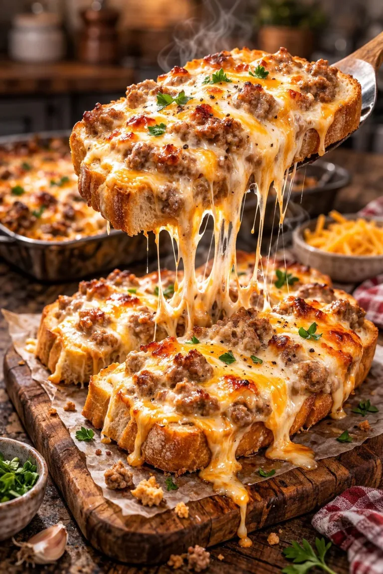 Cheesy Sloppy Joe garlic bread topped with melted cheese and herbs