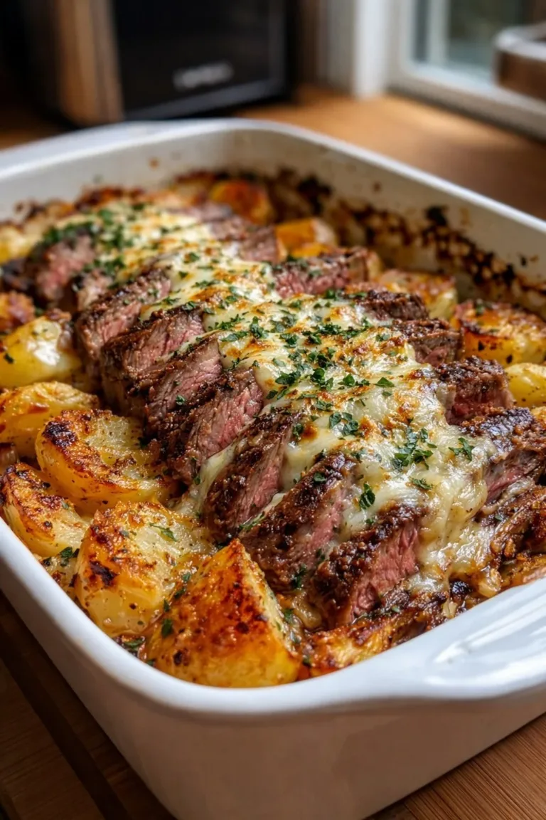 Cheesy Steak & Potato Bake with melted cheese and tender steak