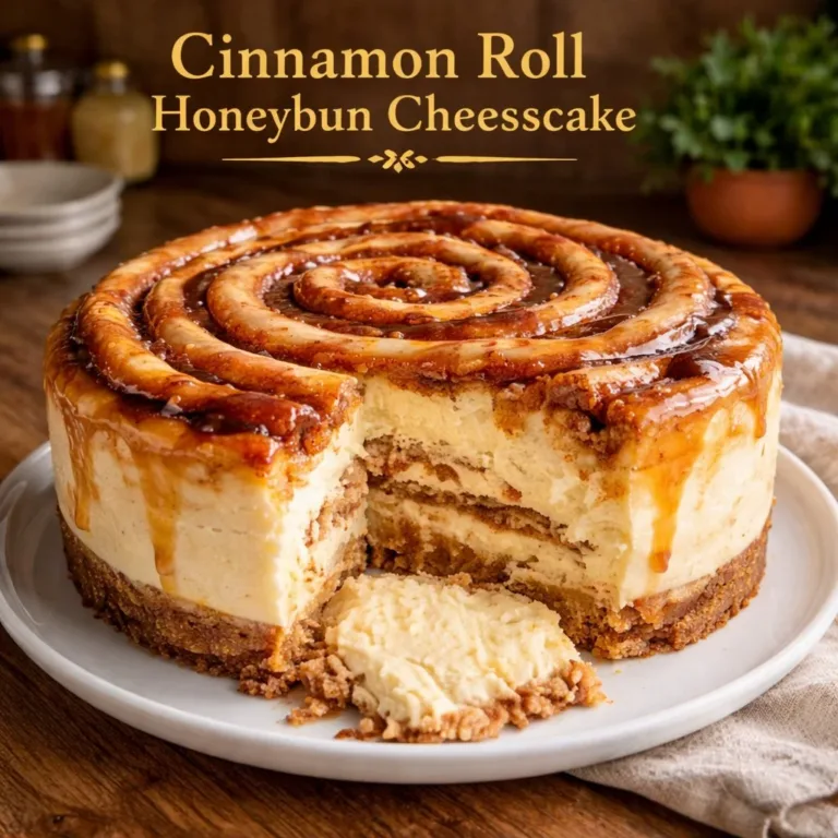 Delicious Cinnamon Roll Honeybun Cheesecake topped with cinnamon and honey glaze.