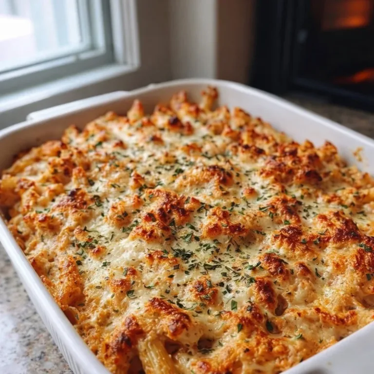 Creamy baked chicken penne with cheese and herbs in a serving dish