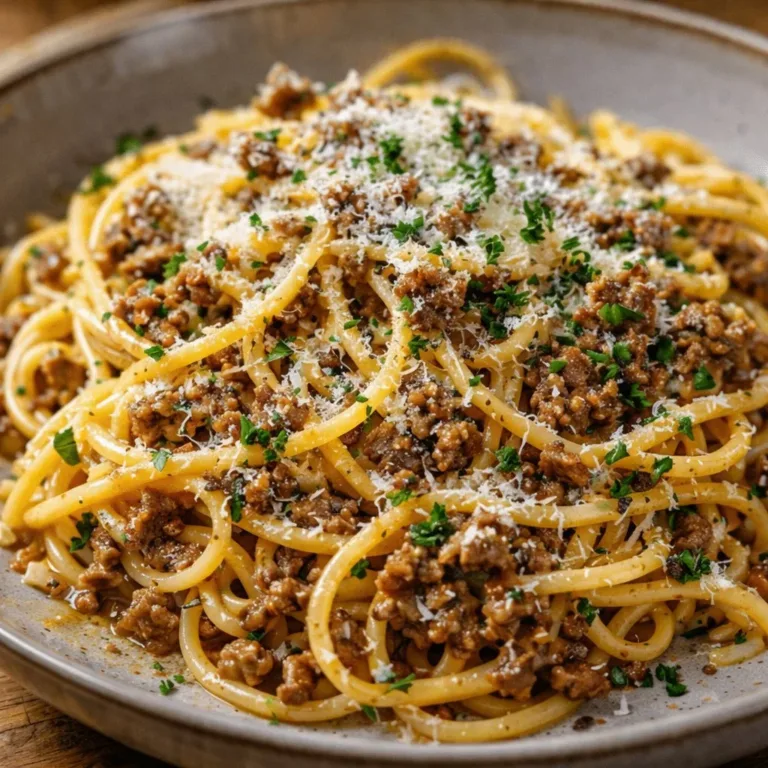 Creamy garlic butter spaghetti topped with parmesan beef, a flavorful pasta dish.