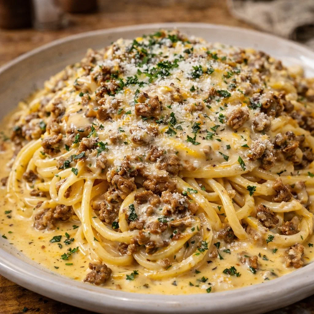 Creamy Garlic Butter Spaghetti with Parmesan Beef