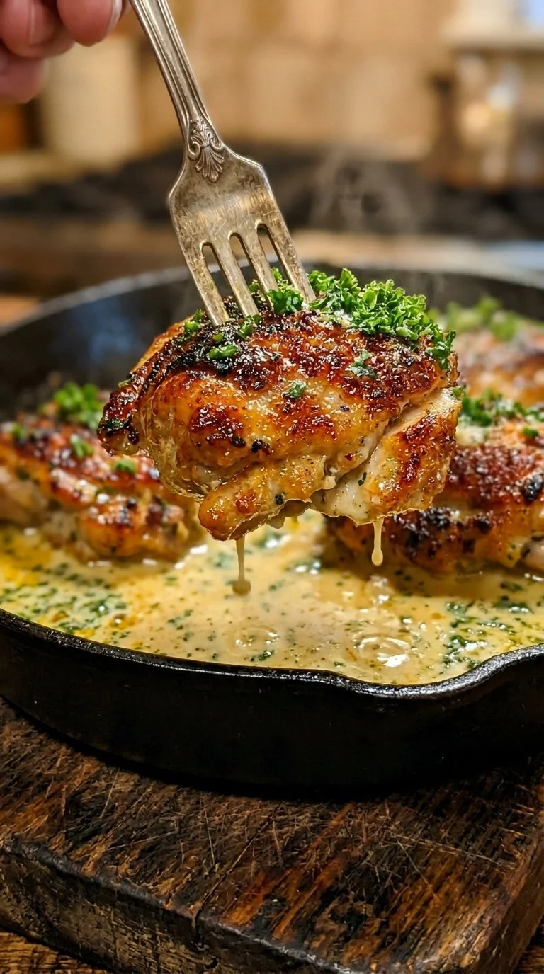 Creamy garlic parmesan chicken thighs served on a plate with herbs