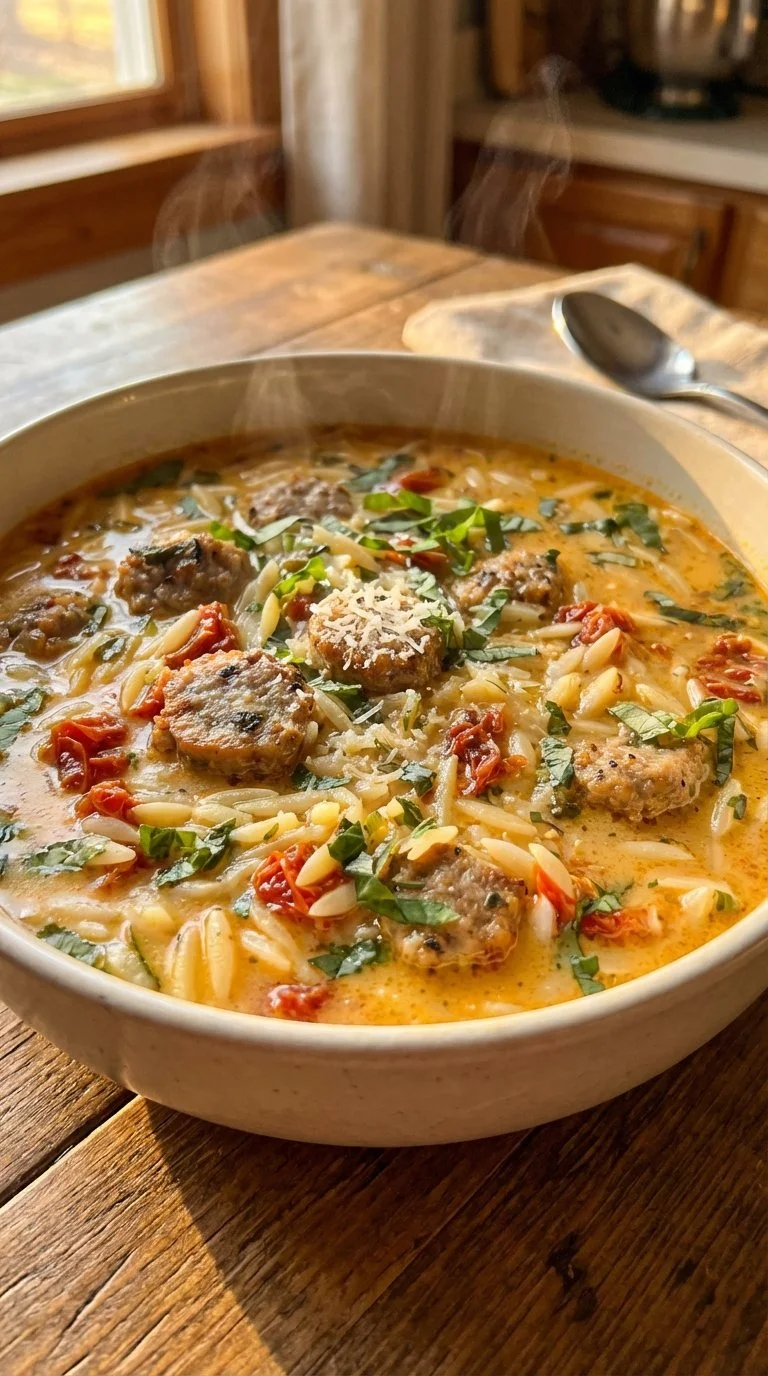 A bowl of creamy marry me sausage orzo soup garnished with herbs and spices