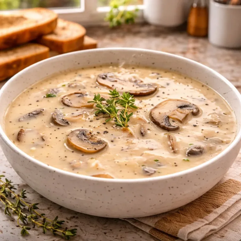 Bowl of creamy mushroom soup topped with fresh herbs and served with crusty bread.
