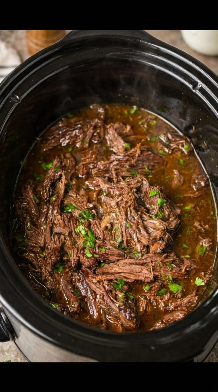 Delicious crock pot shredded beef served in a bowl