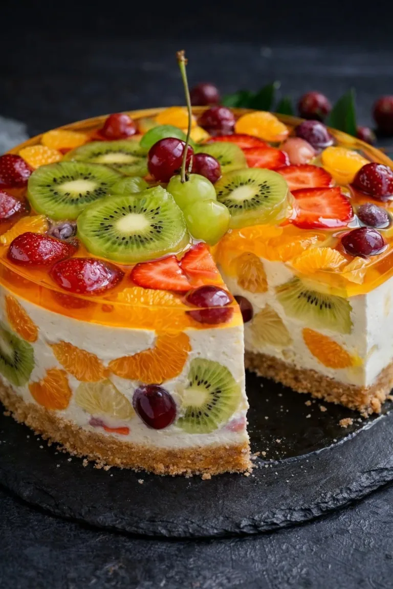 Fruit Cheesecake topped with colorful jelly and fresh fruits, a creamy dessert delight
