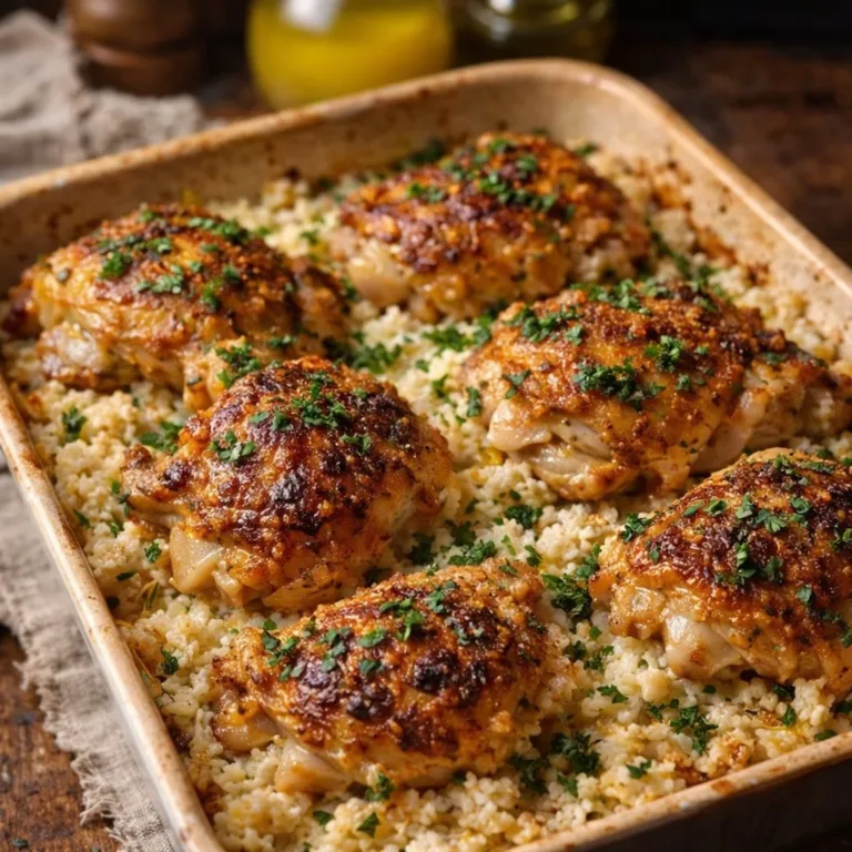 Delicious Garlic Butter Chicken Thighs served with rice bake in a cozy dish