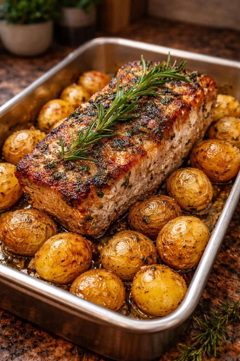 Garlic Herb Roasted Pork Loin with Baby Potatoes 6 Garlic Herb Roasted Pork Loin served with baby potatoes on a rustic plate.