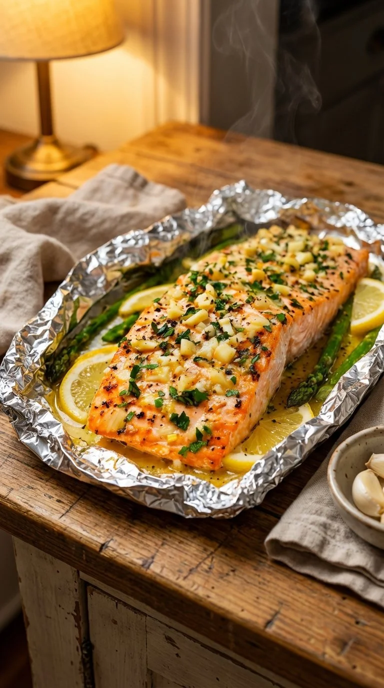 Delicious Garlic Lovers Salmon cooked in foil with herbs and spices