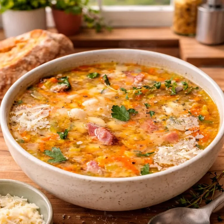 Bowl of hearty ham and bean soup garnished with herbs