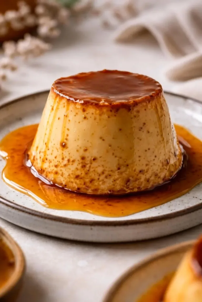 Delicious homemade honey flan dessert served in a decorative dish