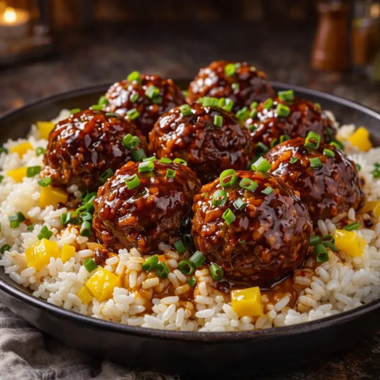 Honey garlic meatball rice bake served in a casserole dish