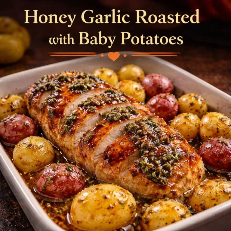 Delicious honey garlic roasted chicken served with baby potatoes