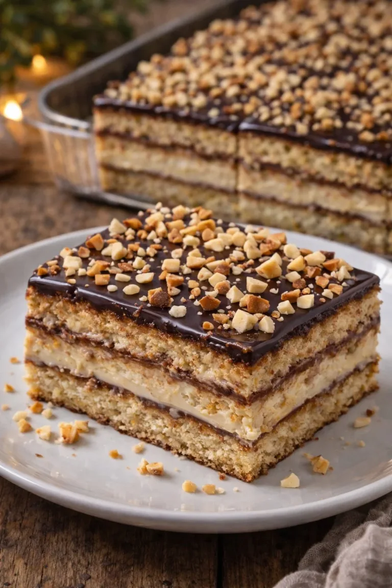 Honey layer cake topped with cream and nuts, showcasing delicious layers.