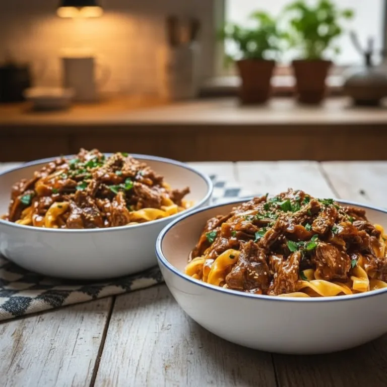 Bowl of Korean Beef Noodles garnished with fresh herbs and chili peppers.