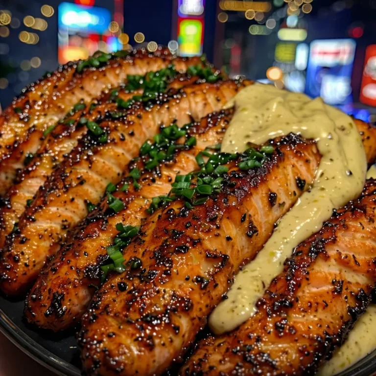 Lemon pepper salmon strips served with garlic aioli on a plate.