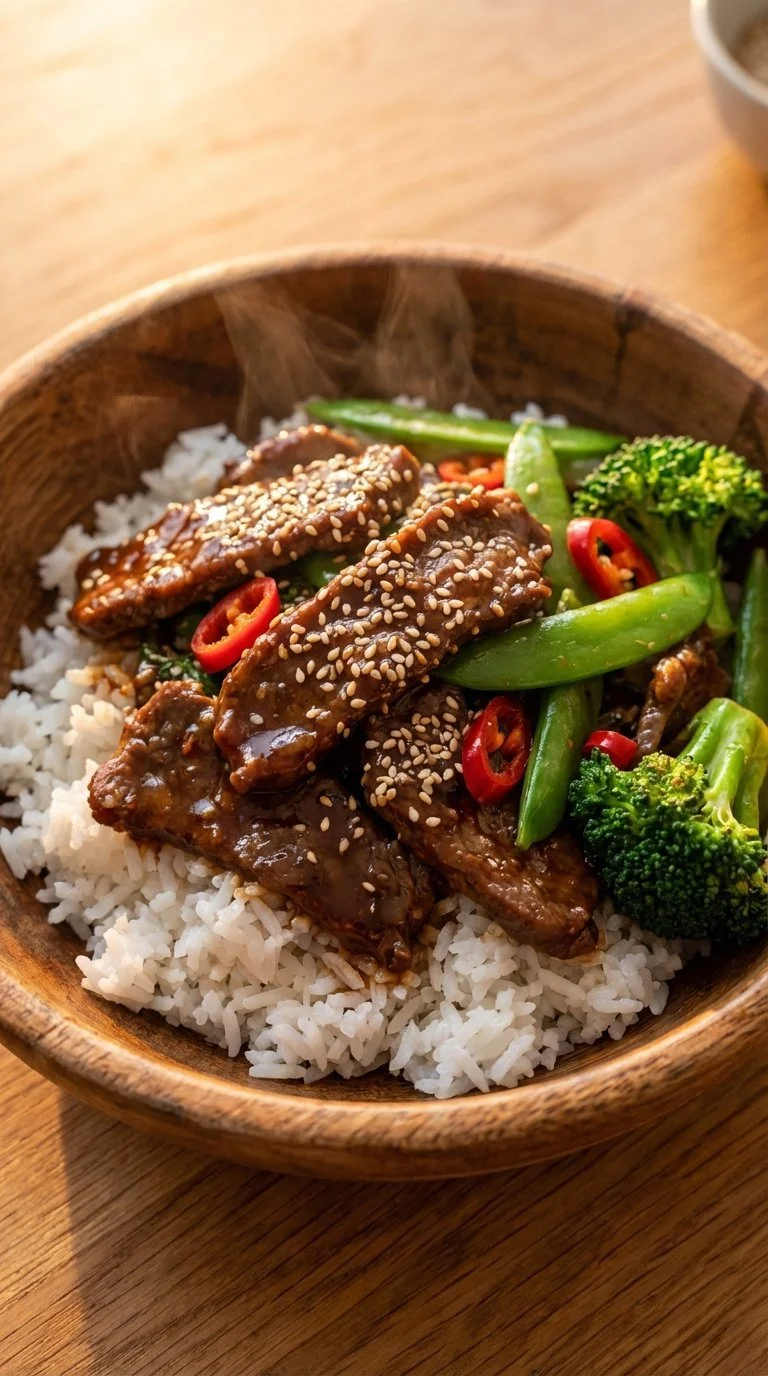 Plate of savory Mongolian Beef dish with vegetables and rice