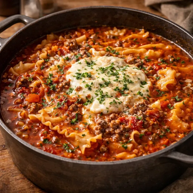 Delicious one-pot lasagna soup garnished with basil and cheese.
