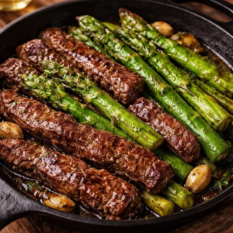 Pan-fried garlic butter steak served with crispy potatoes and asparagus