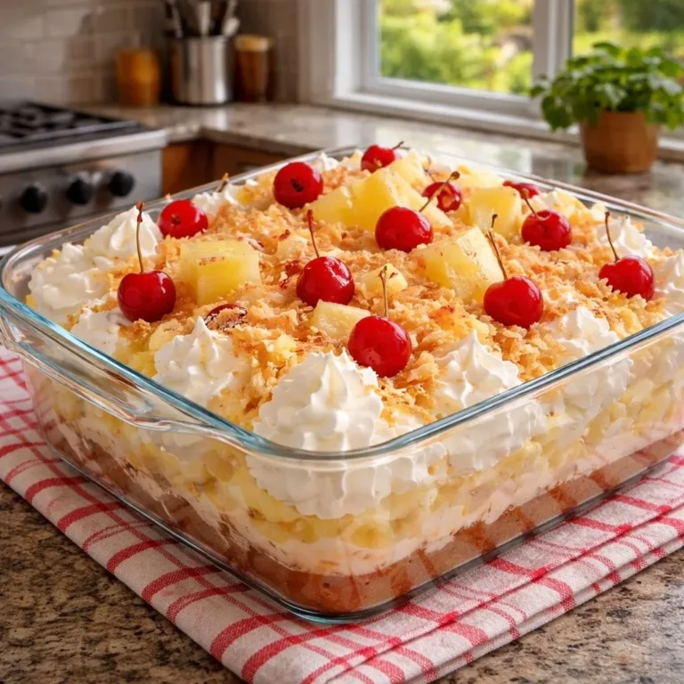 Delicious Pineapple Colada Lush dessert topped with fresh pineapple slices.