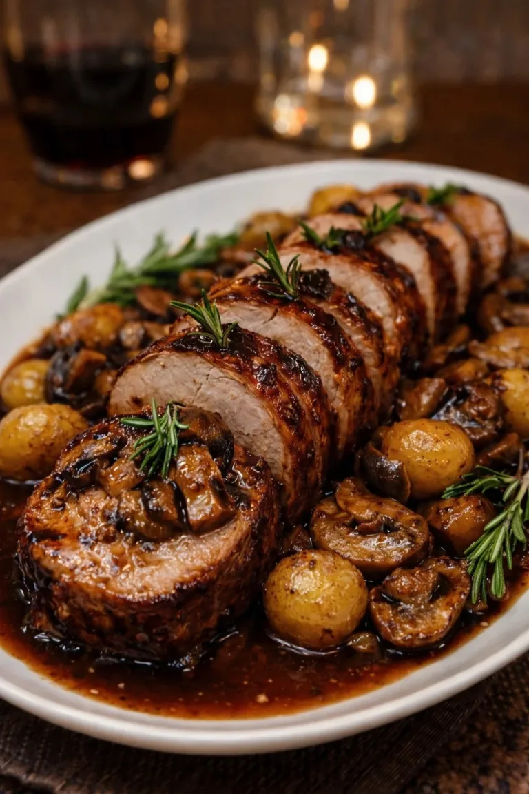Red wine braised pork tenderloin served with vegetables