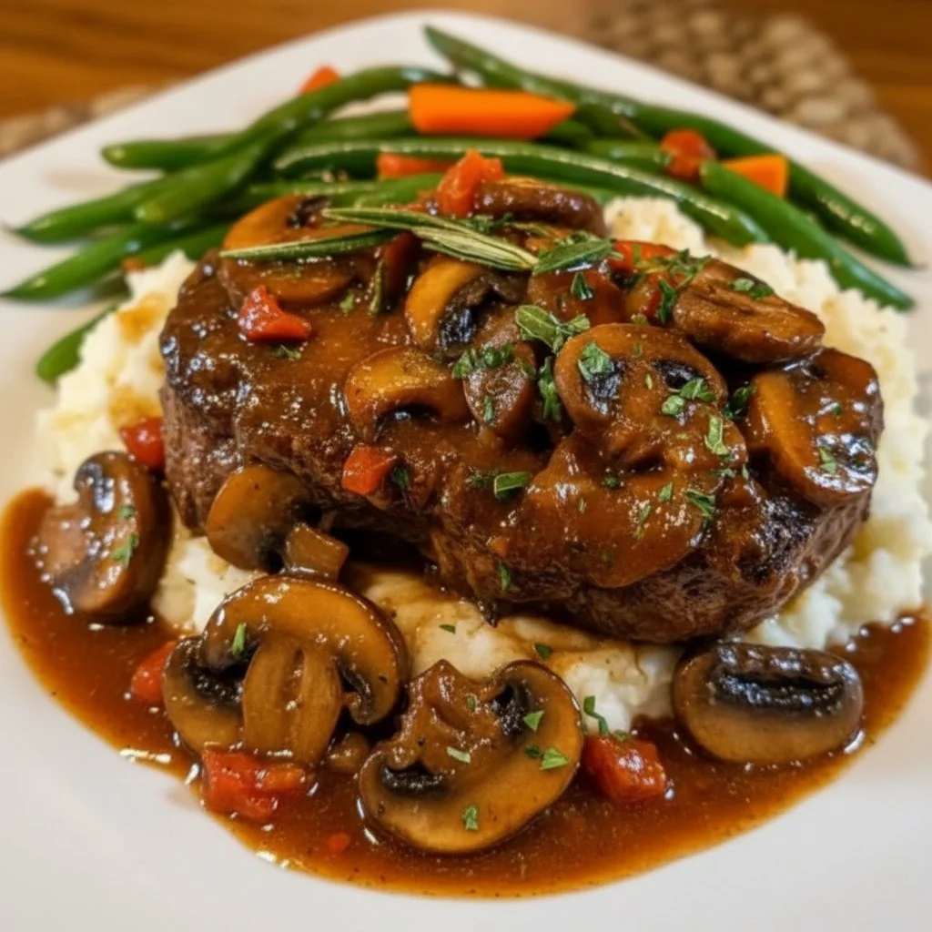 Savory Braised Cube Steak 6 Savory braised cube steak served with vegetables on a plate