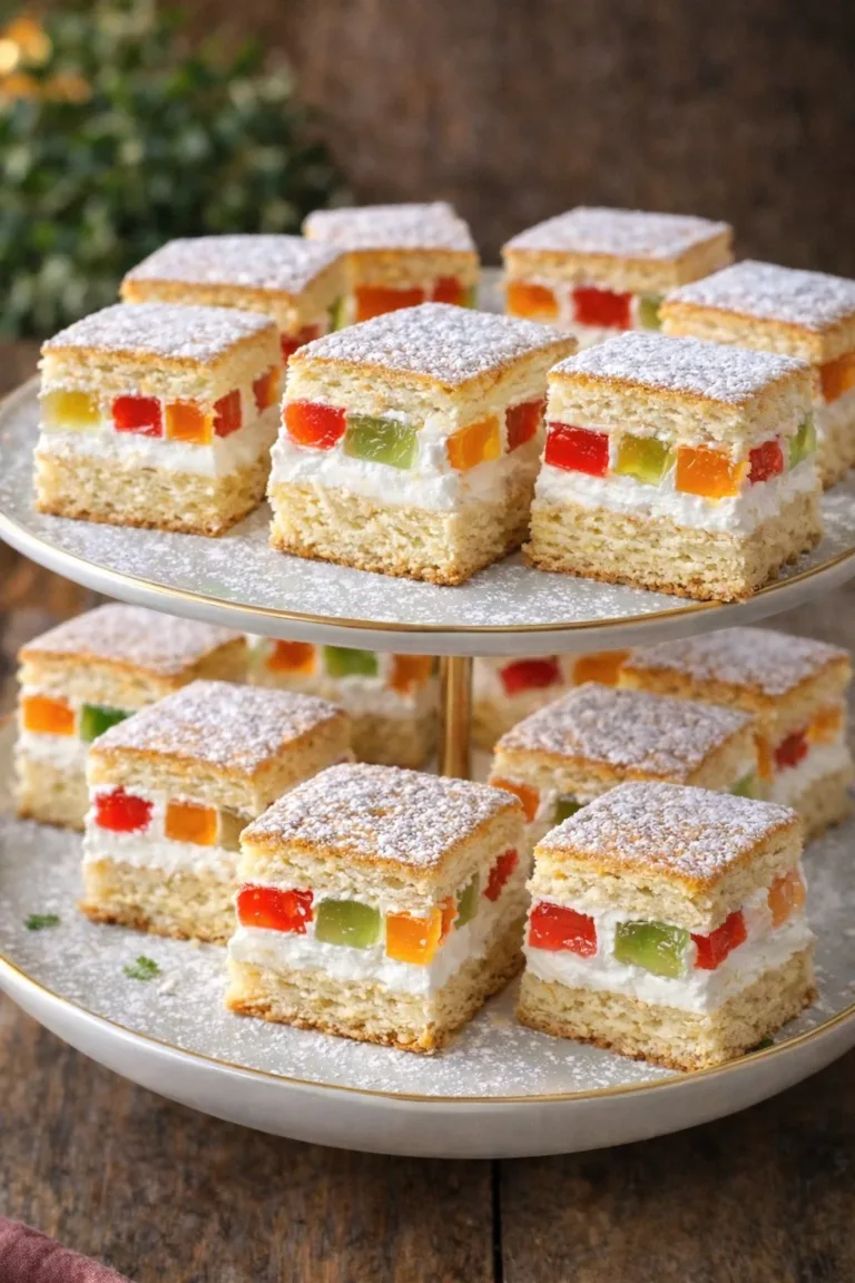 Sponge cake with cream filling and jellies on a plate