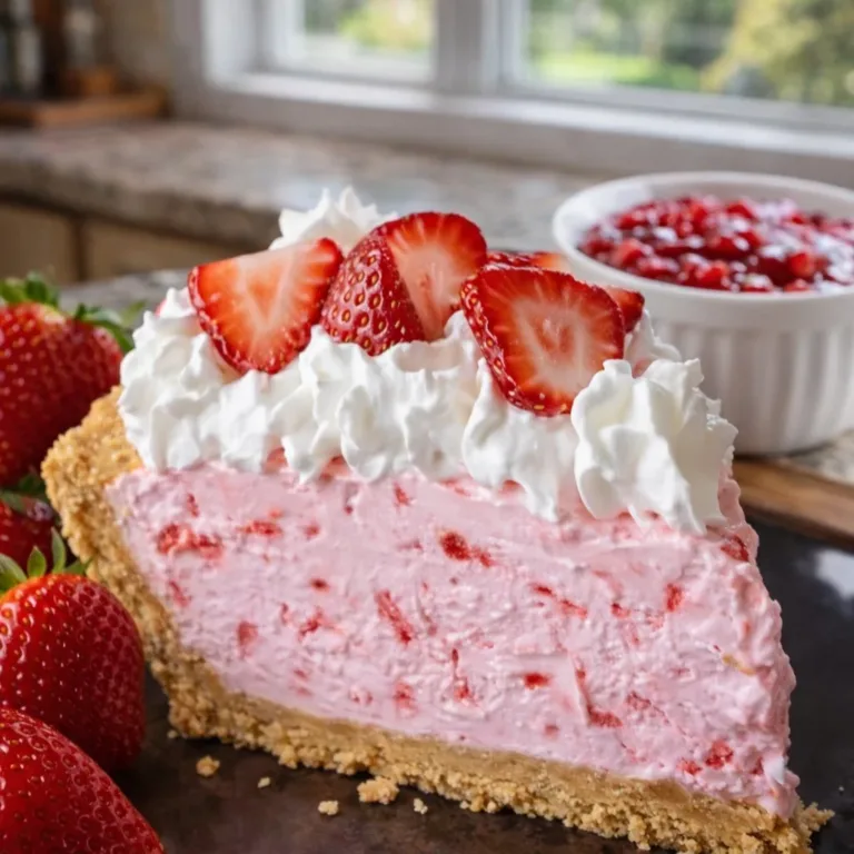 Delicious Strawberry Cool Whip Pie topped with fresh strawberries