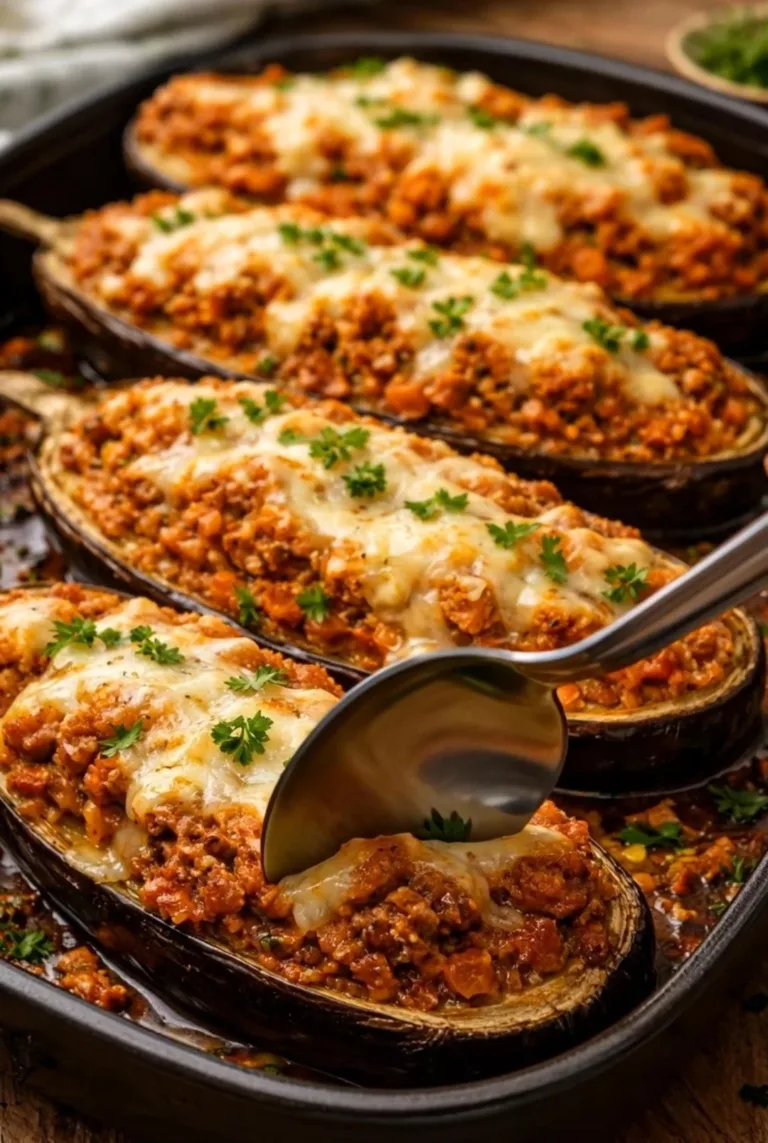 Gratinated stuffed eggplants filled with fresh vegetables