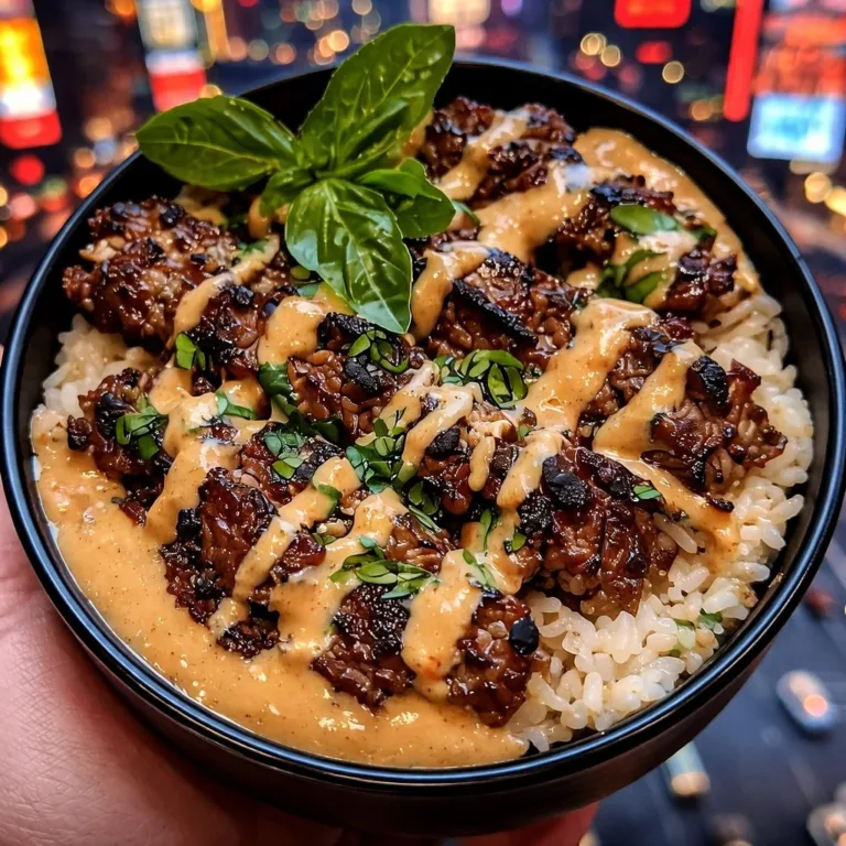 Thai Basil Beef Rice Bowl drizzled with Peanut Lime Sauce