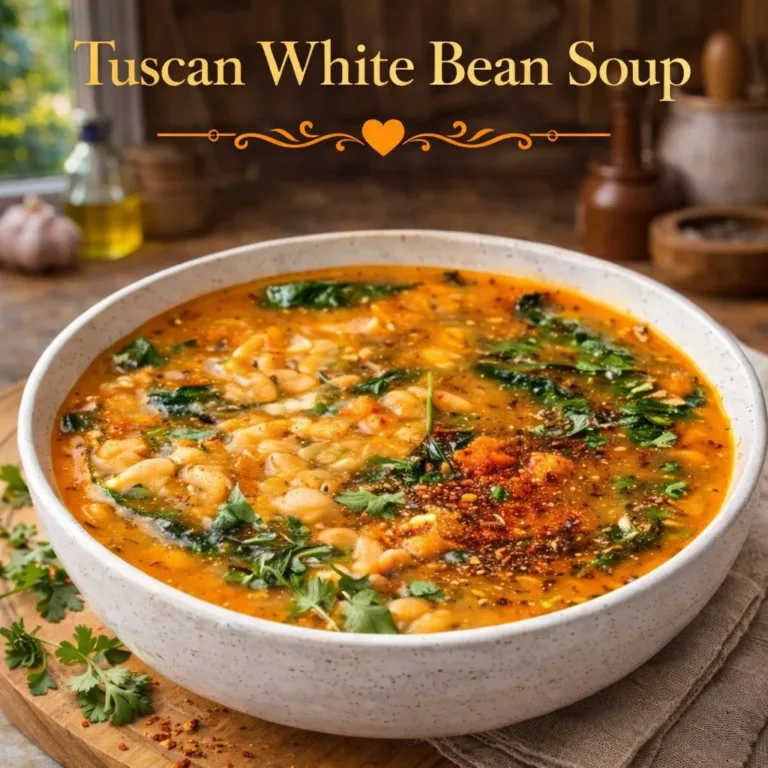 Bowl of Tuscan white bean soup garnished with herbs and olive oil