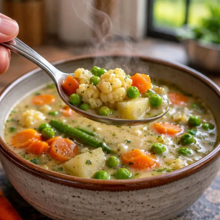 Bowl of homemade vegetable soup with colorful vegetables and herbs.