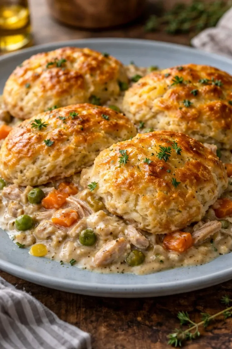 Chicken bubble biscuit bake casserole topped with golden biscuits.
