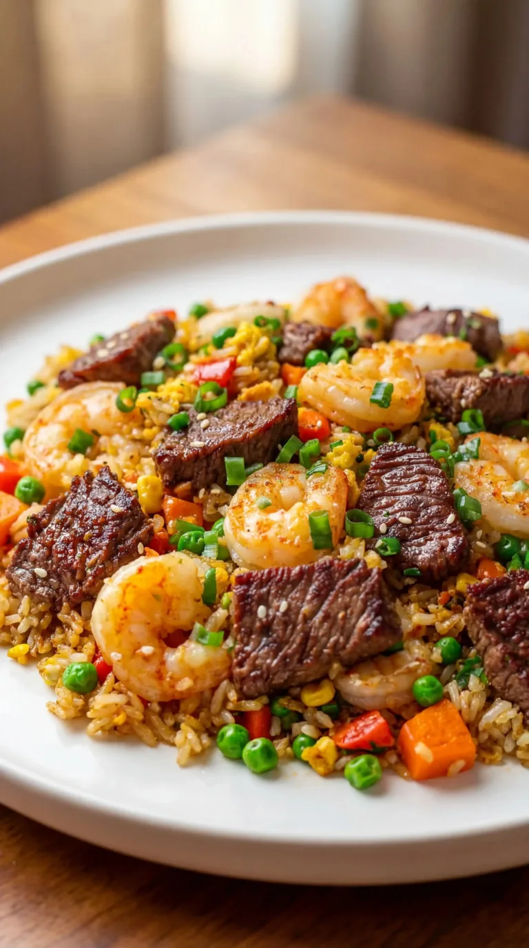 Delicious shrimp and steak fried rice served in a bowl with fresh vegetables