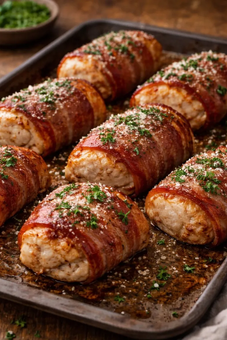 Bacon-wrapped garlic parmesan chicken on a plate, garnished with herbs.